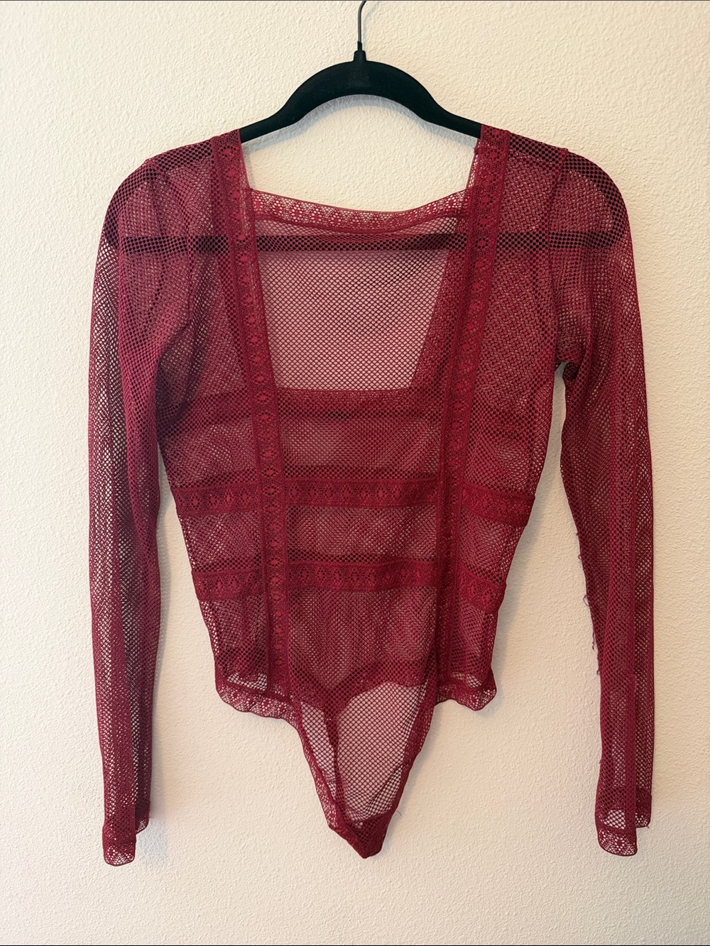 Victoria's Secret Burgundy Sheer Lace-Trim Long Sleeve Bodysuit